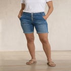 Mid-Rise Button-Front Stretch Denim Shorts image number null