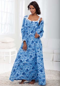 Long 2-Piece Cabbage-Rose Peignoir Set