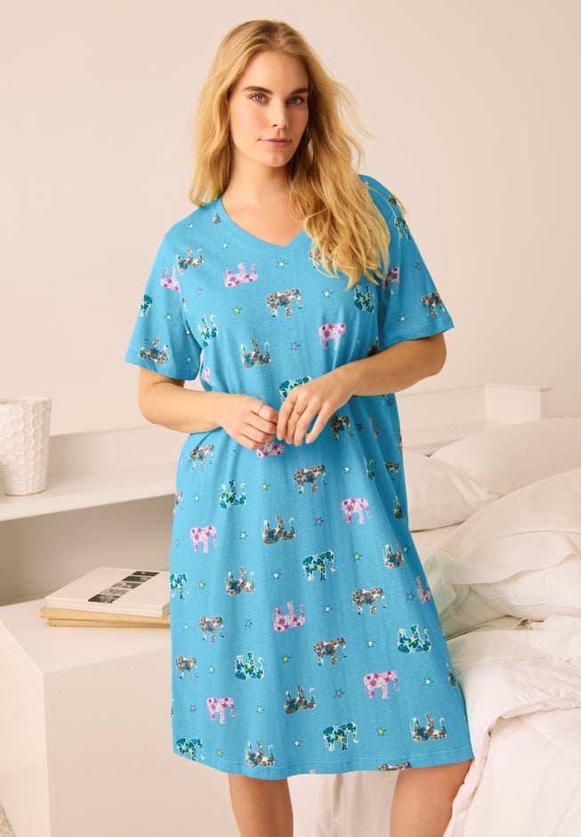V-NECK SHORT SLEEVE KNEE-LENGTH COTTON SLEEPSHIRT image number 5