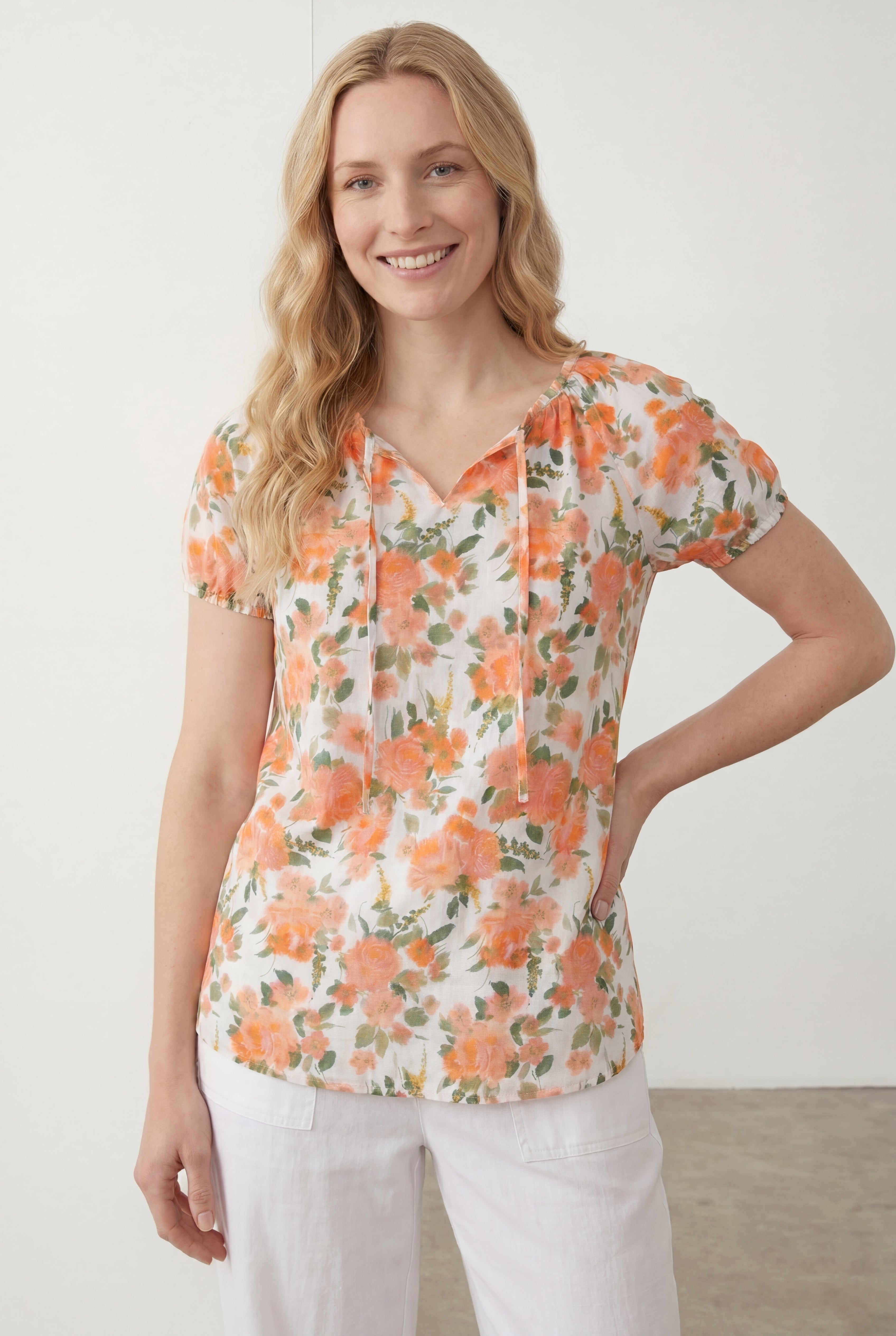 100% Cotton A-Line Peasant Blouse With Scoop Keyhole Neckline image number 0