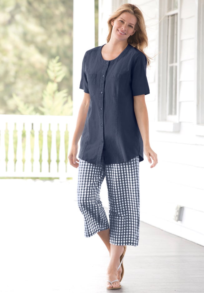 Seersucker Pull-On Elastic-Waist Capri Pants image number 4