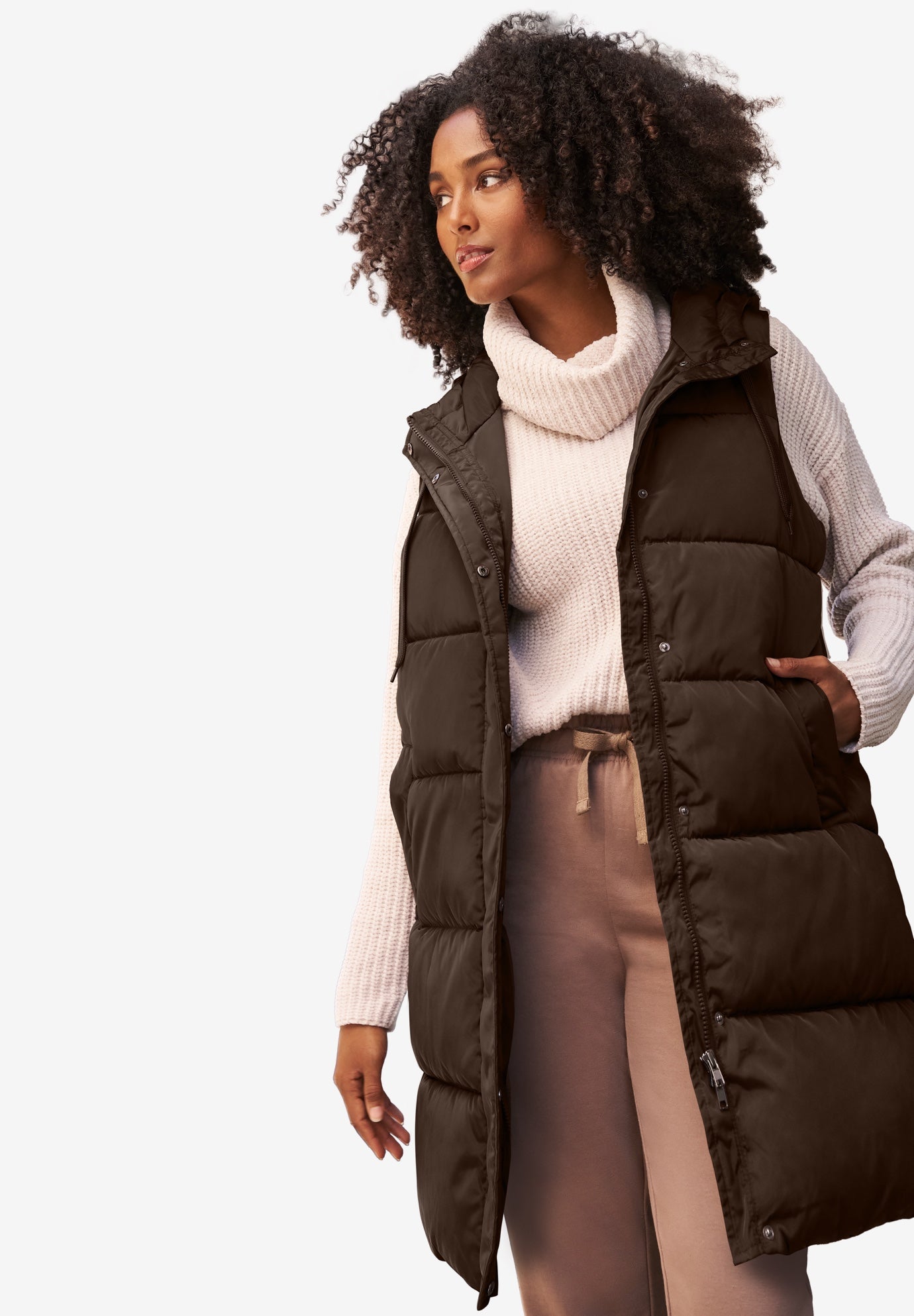 Long Hooded Puffer Vest image number 0