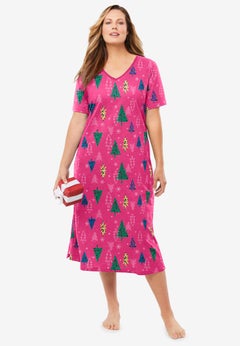 V-Neck Short Sleeve Midi Cotton Sleep Shirt