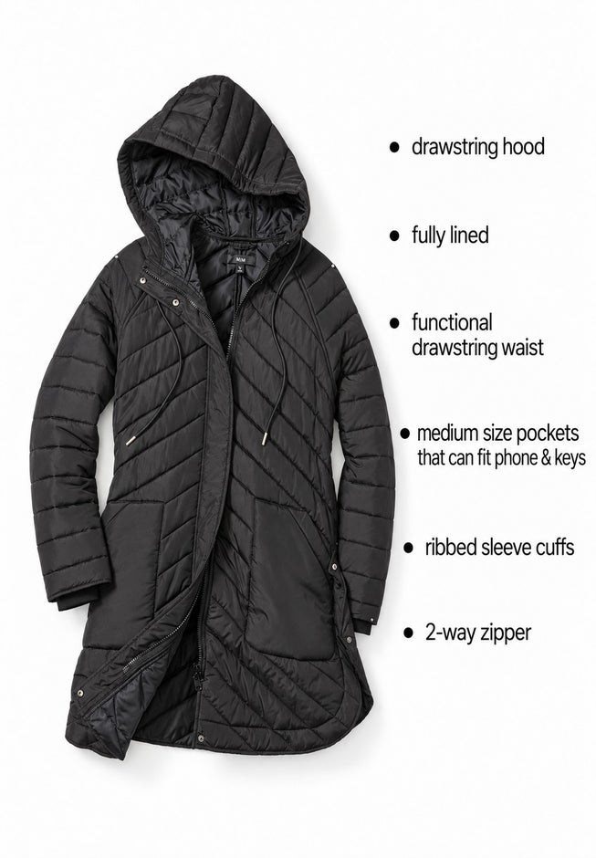 Long Quilted Jacket With Drawstring Waist image number 1
