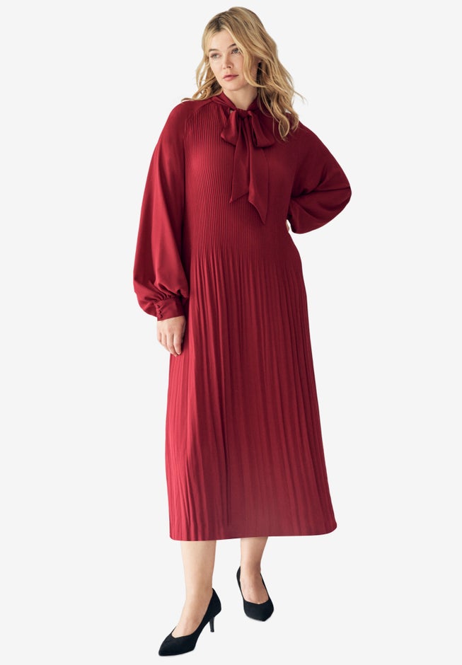 Pleated Midi Dress With Neck Tie image number 2