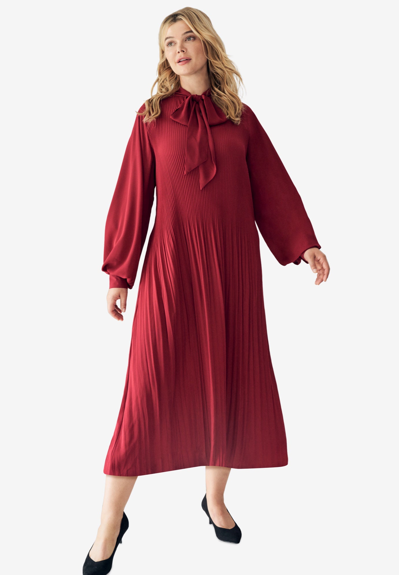 Pleated Midi Dress With Neck Tie image number 0
