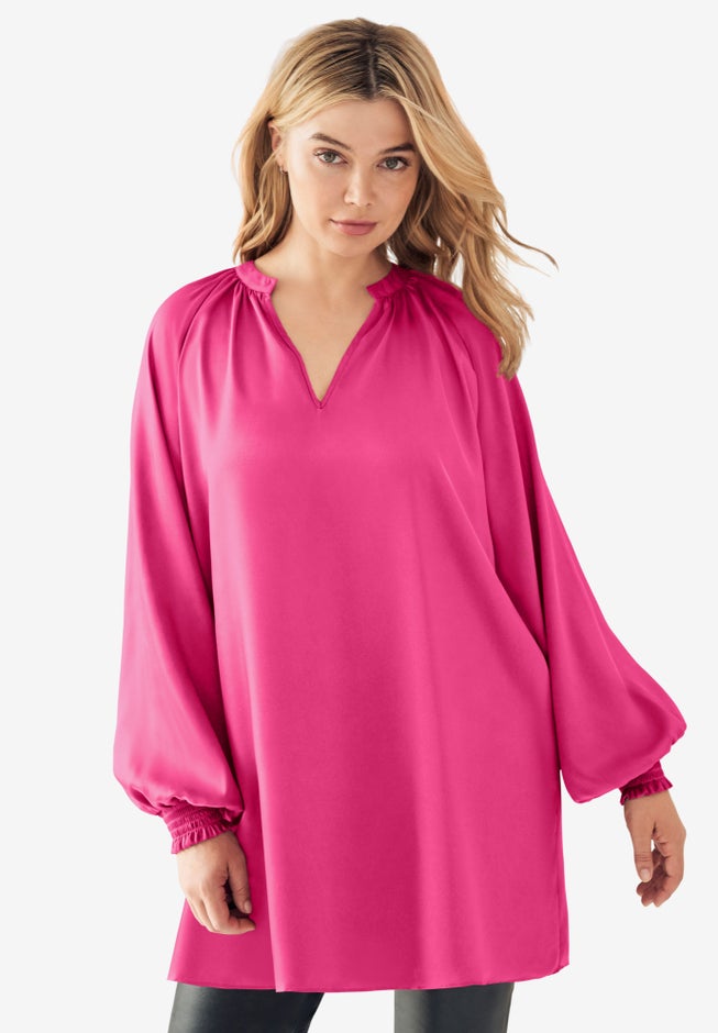 Satin V-Neck Tunic With Blouson Sleeves image number null