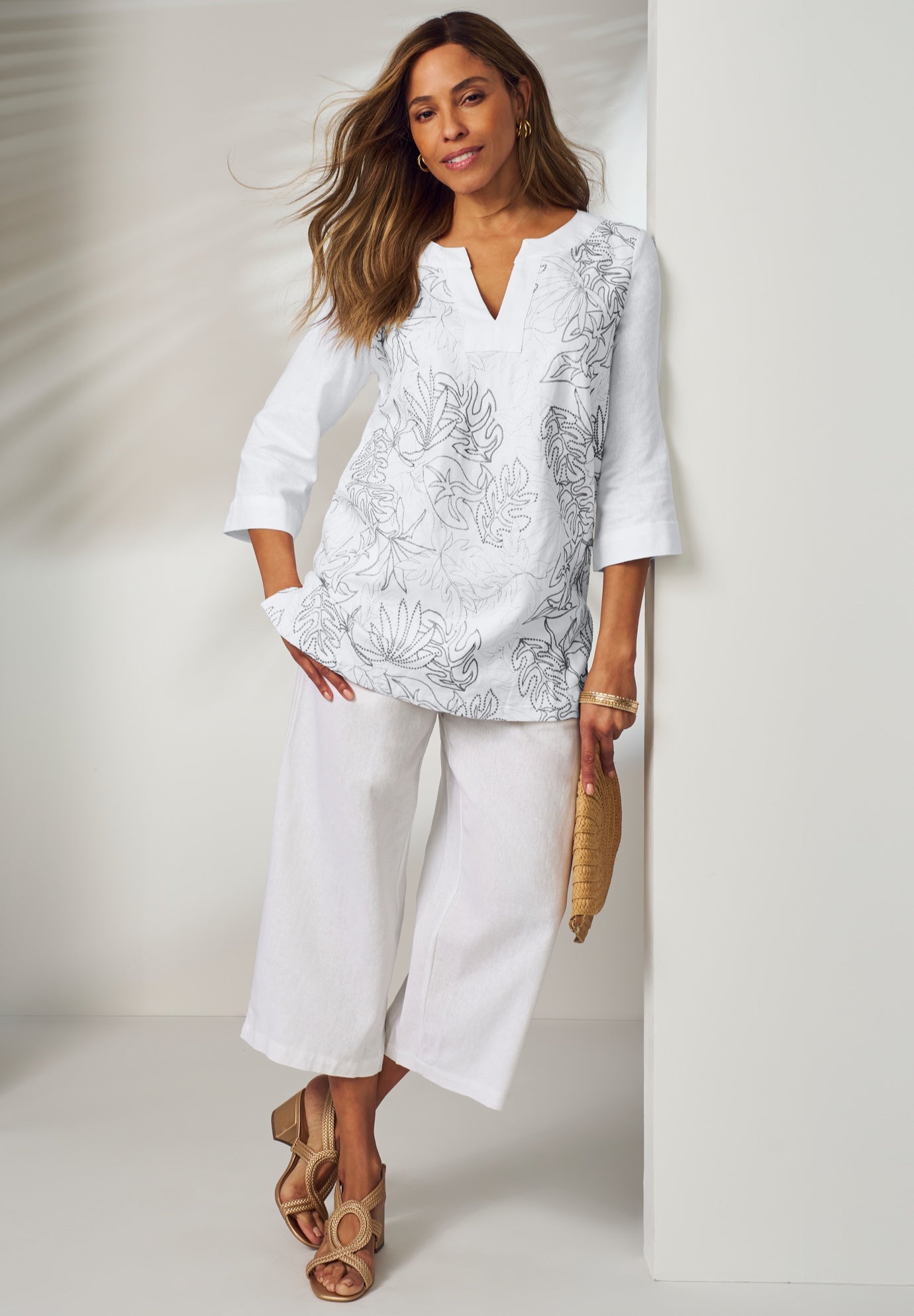 Linen V-Neck Embroidered Tunic image number 0
