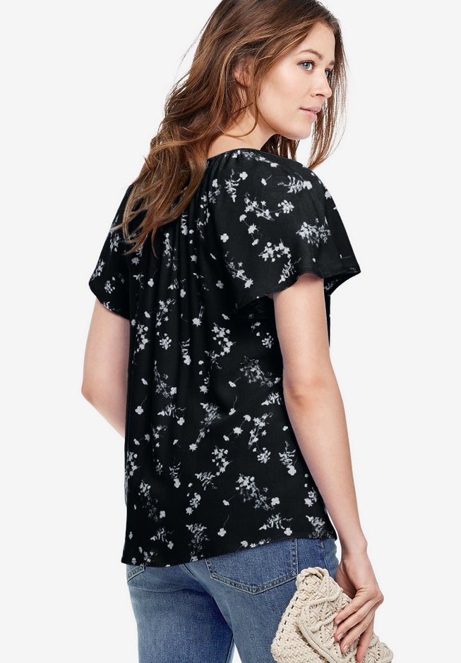 Crepe Keyhole Scoopneck Flutter Sleeve Blouse image number 1