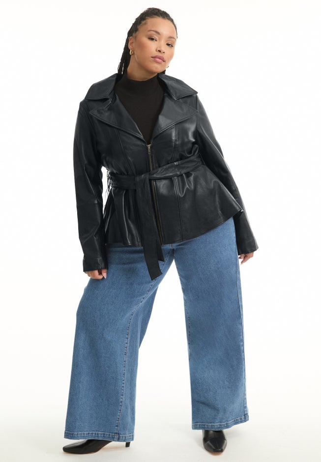 High-Low Peplum Leather Jacket image number null