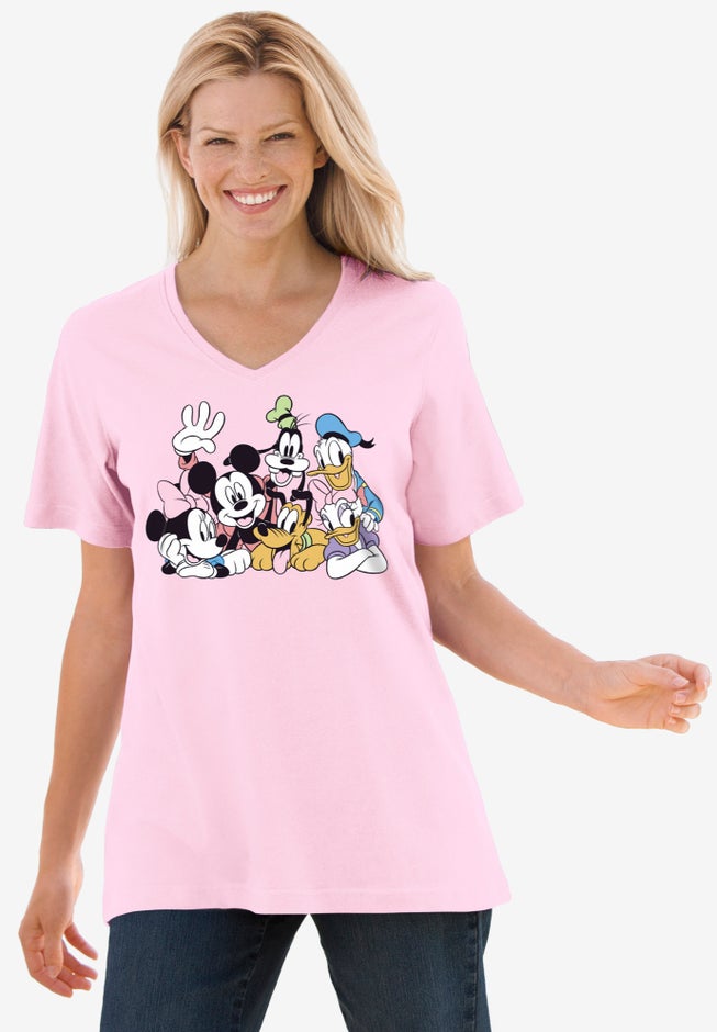 Disney Women's Short Sleeve V-Neck Tee Pink Mickey Mouse and Friends image number null