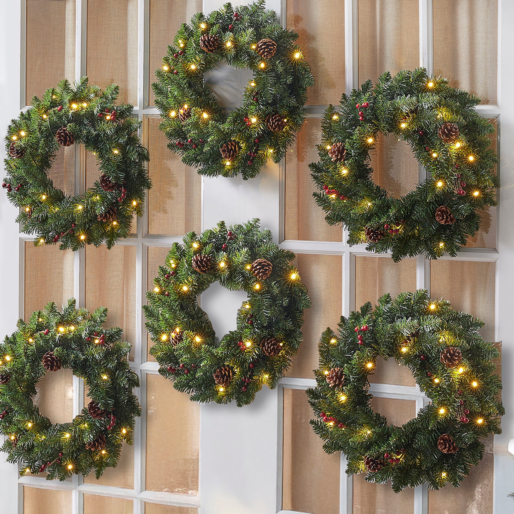 18" Pre-Lit Arrow-Tip Wreaths, Set of 6 image number 0