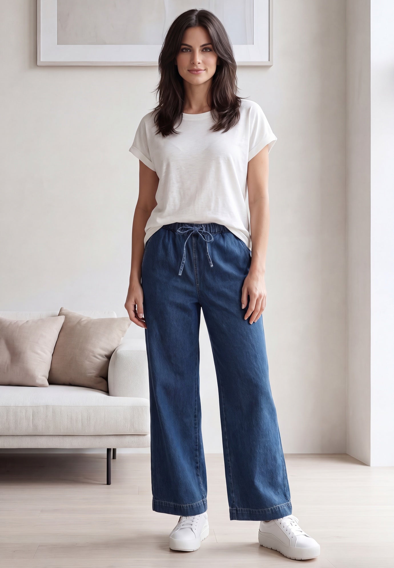 Elastic Waist With Drawstring Wide Leg Jeans image number 0