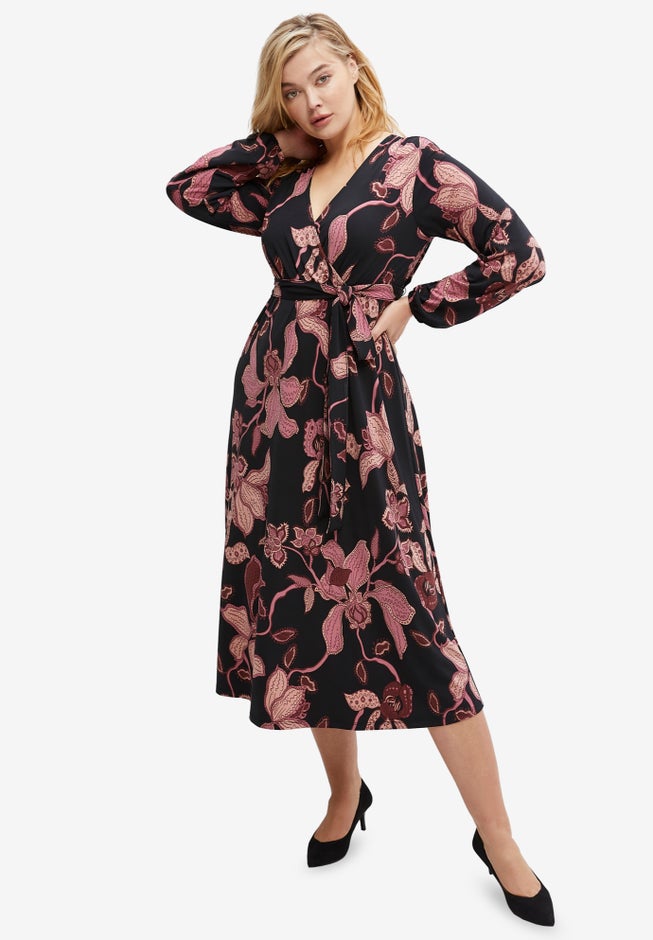 Knit Surplice Midi Dress With Self-Tie image number null