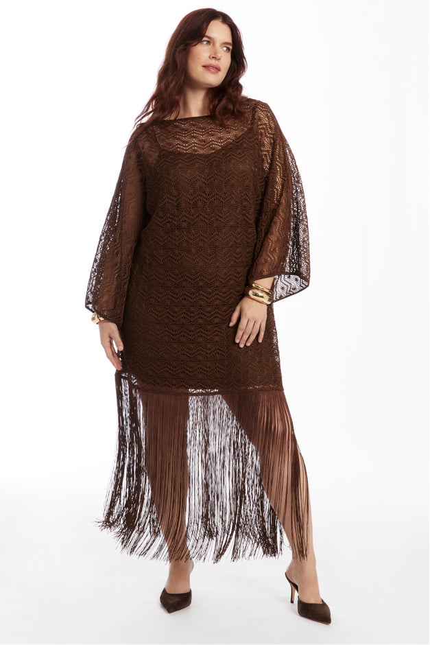 June & Vie Women's Lace Kimono Dress with Fringe - Chestnut June & Vie Women's Lace Kimono Dress with Fringe - Chestnut