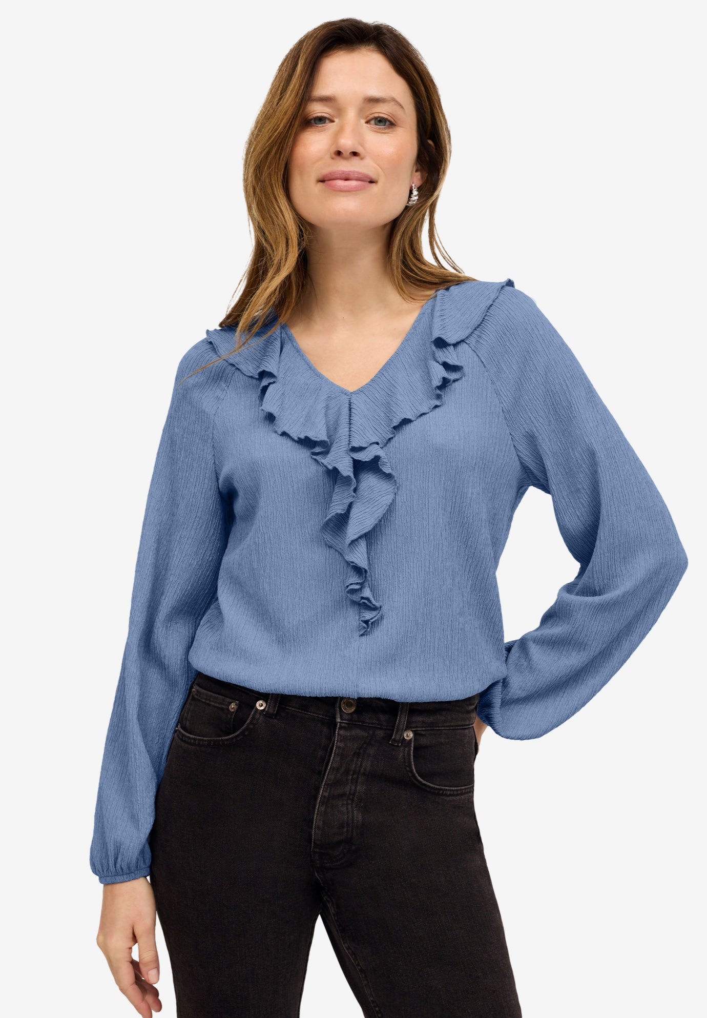 Knit Top With Ruffled V-Neck image number 0