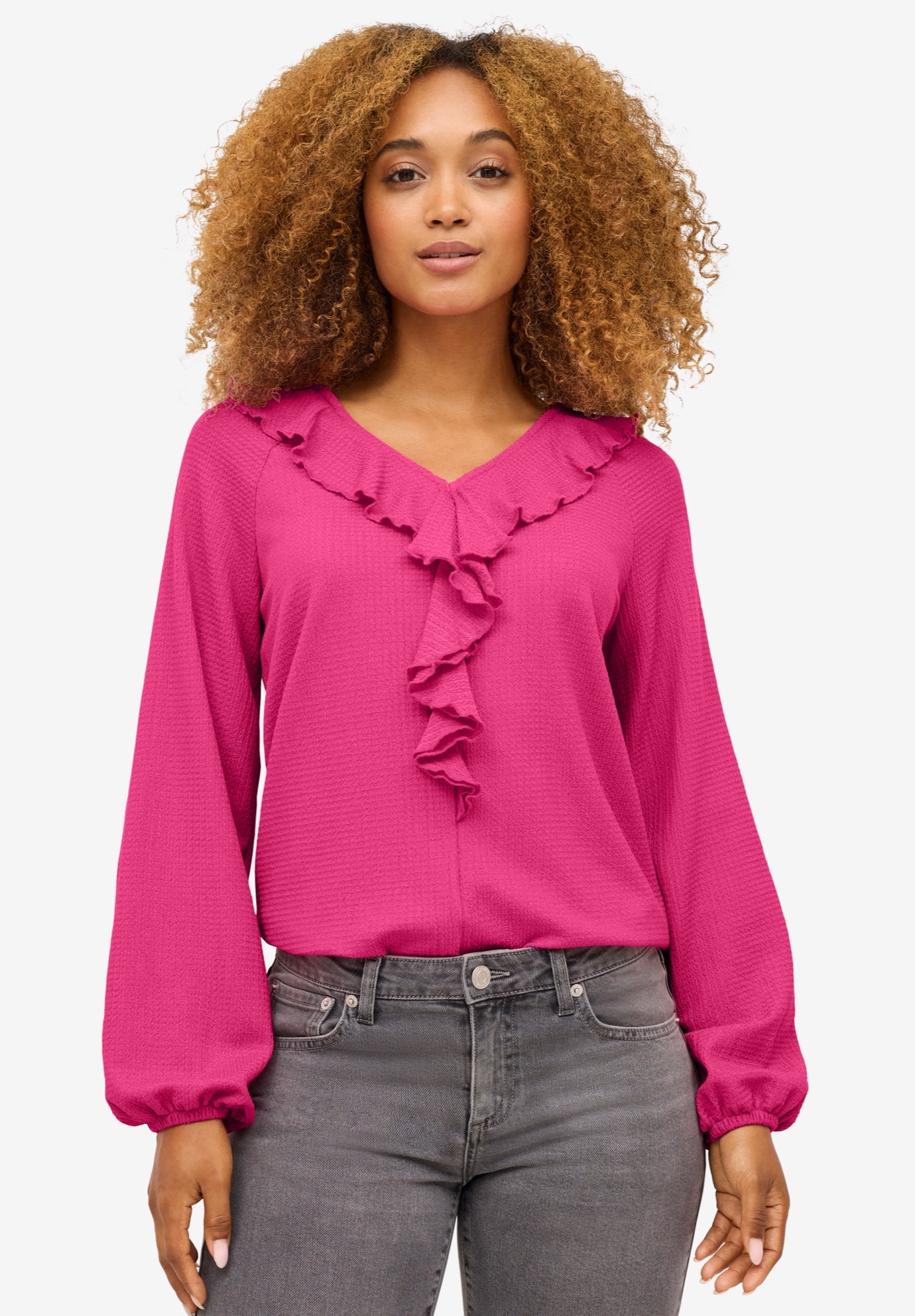 Knit Top With Ruffled V-Neck image number 0