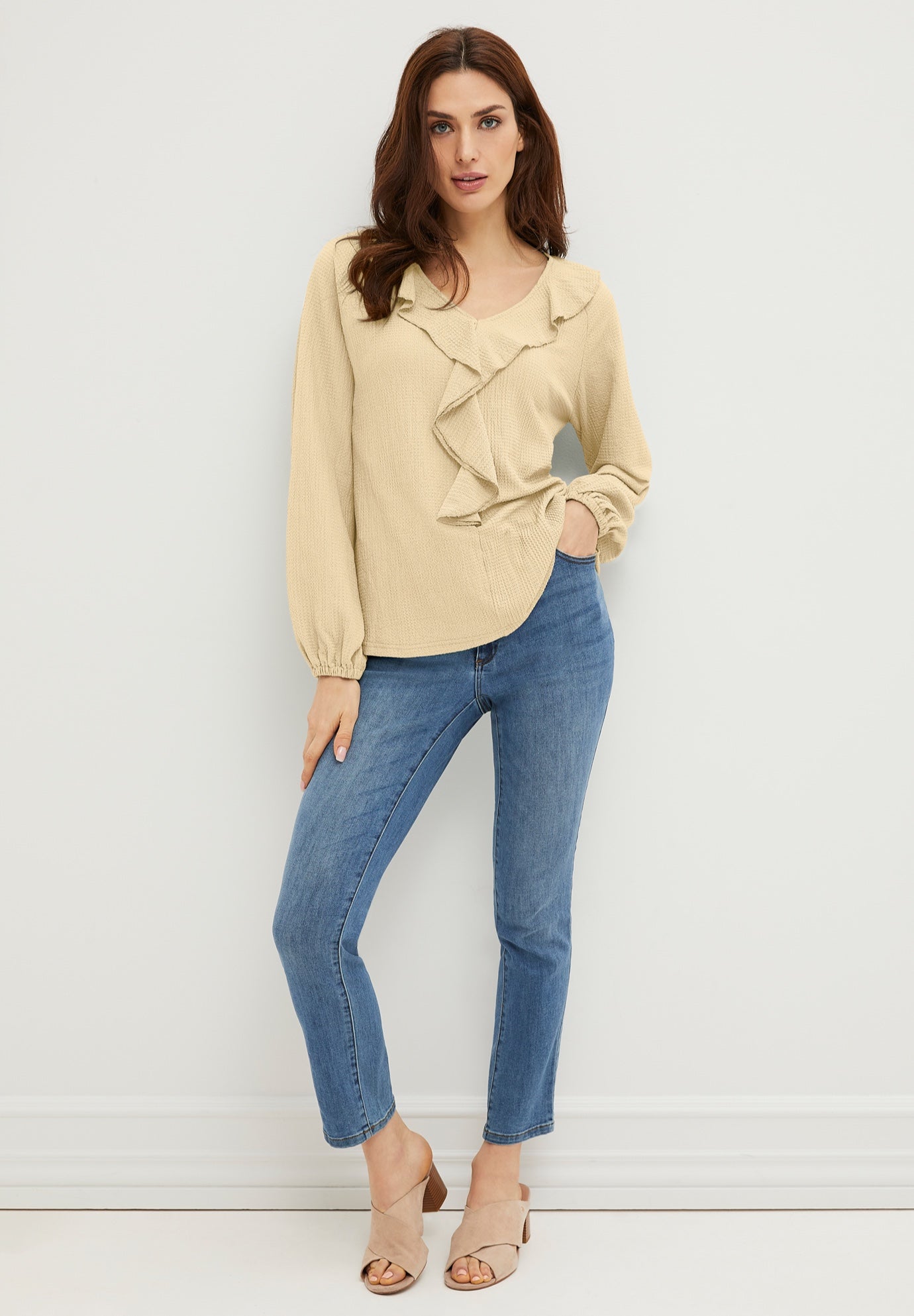 Stretch Textured Knit V-neck Ruffle Front Top image number 0