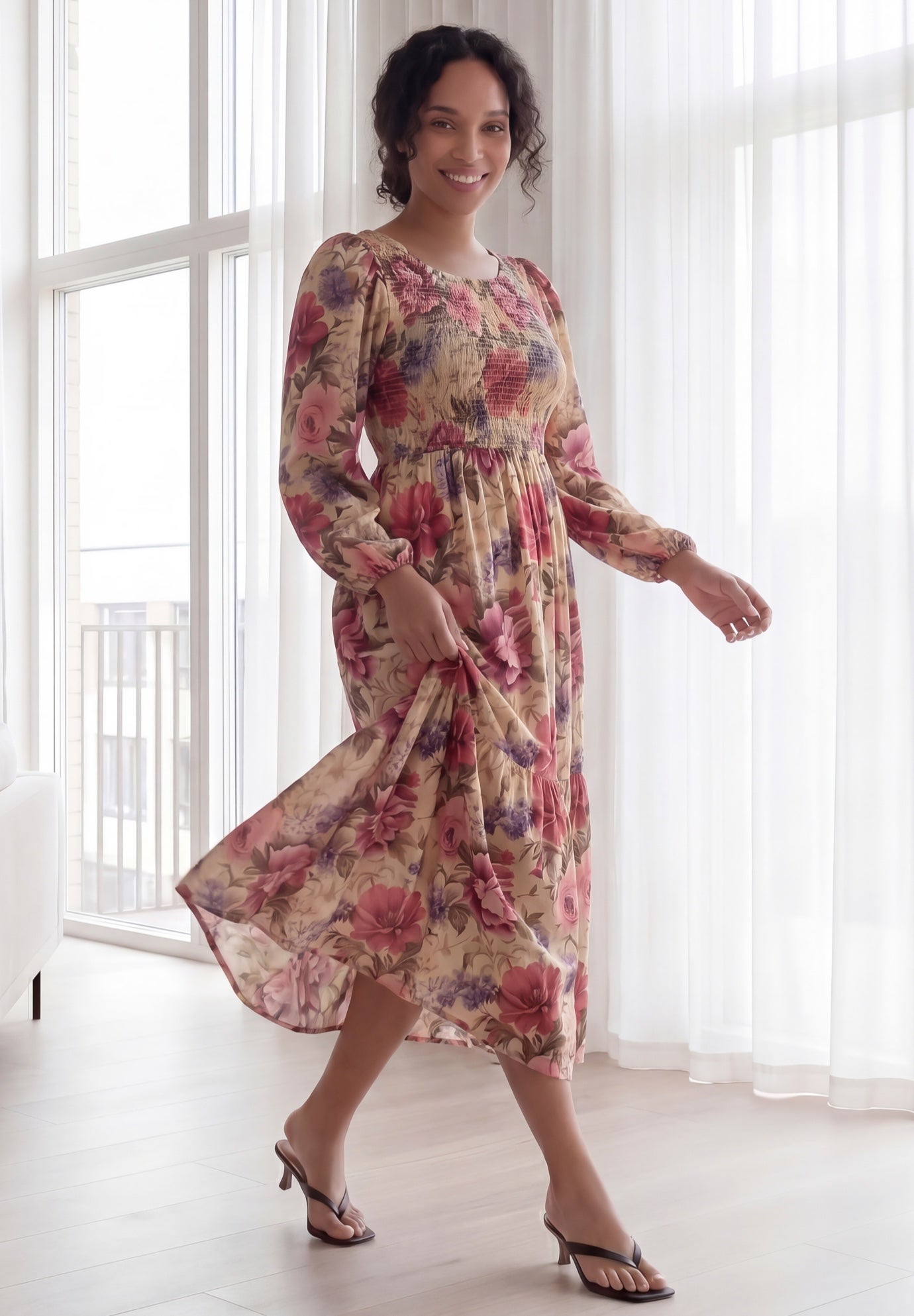 Smocked Bodice Tiered Midi Dress image number 2