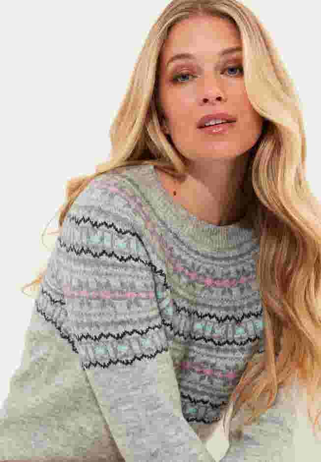 Fair Isle Rib Trim Crewneck Pullover image number 5