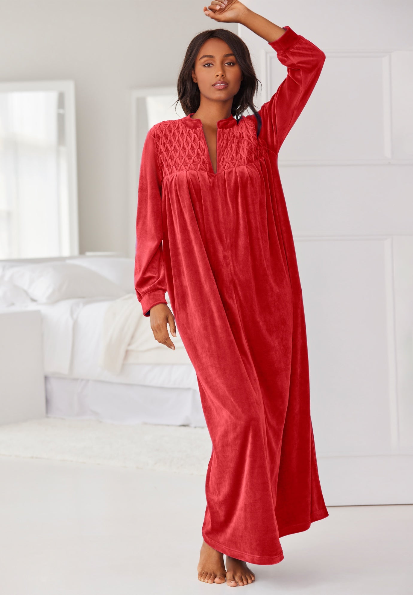 Smocked Velour Long Robe image number 4