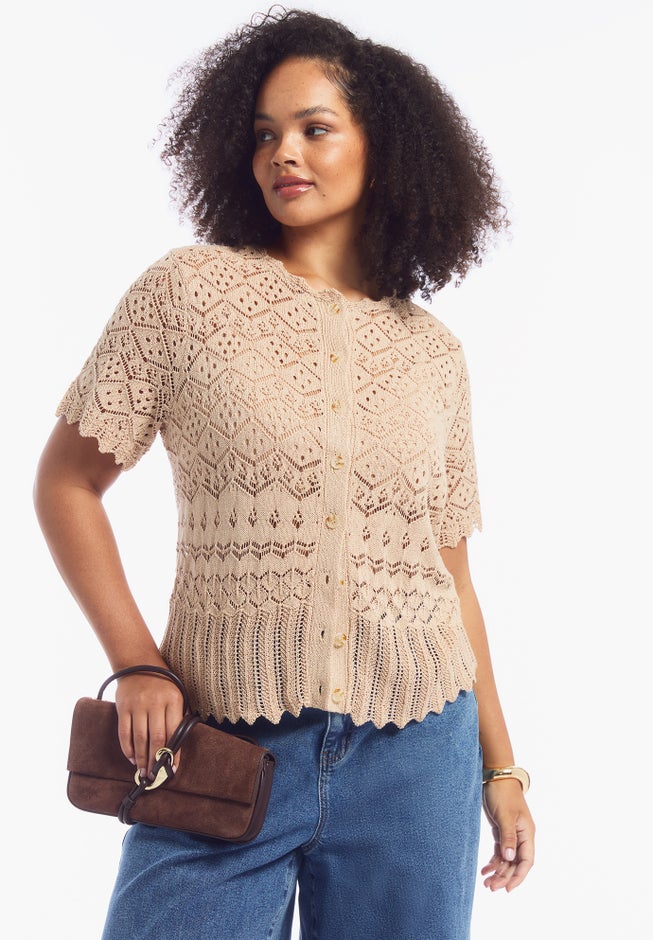 Short-Sleeve Pointelle Cardigan image number 3