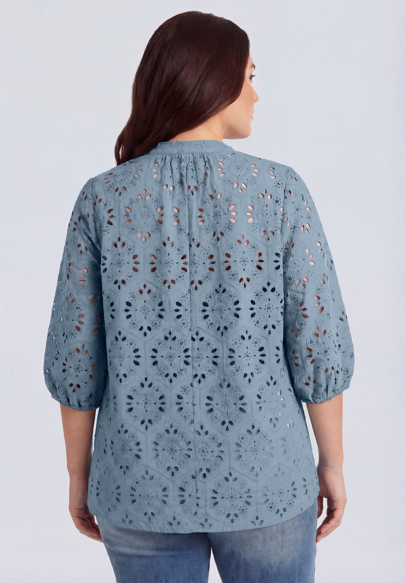 Eyelet Blouse With Notch V-neck & Blouson Sleeves image number 1