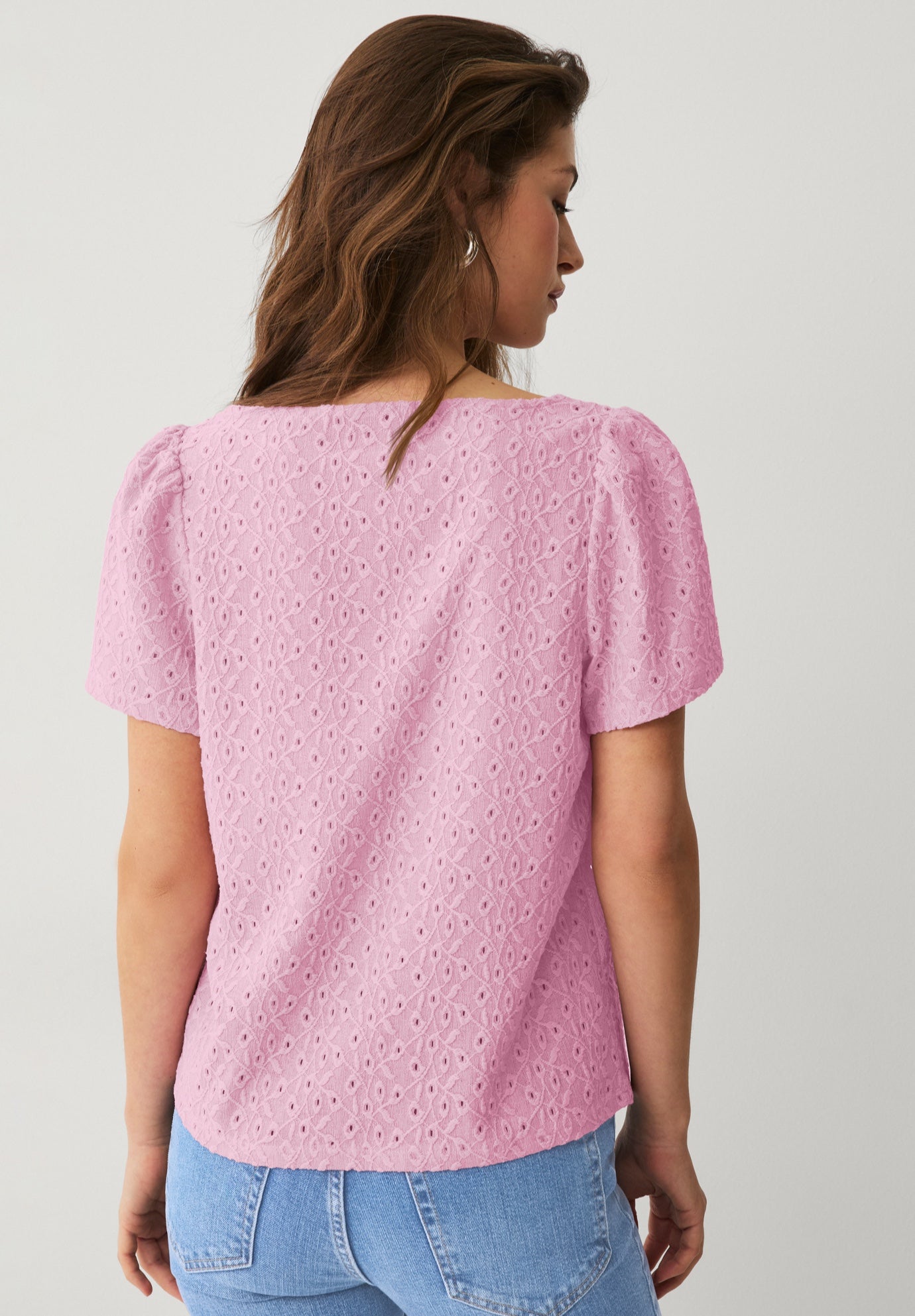 Boat Neck Flutter Sleeve Knit Eyelet Tee image number 1