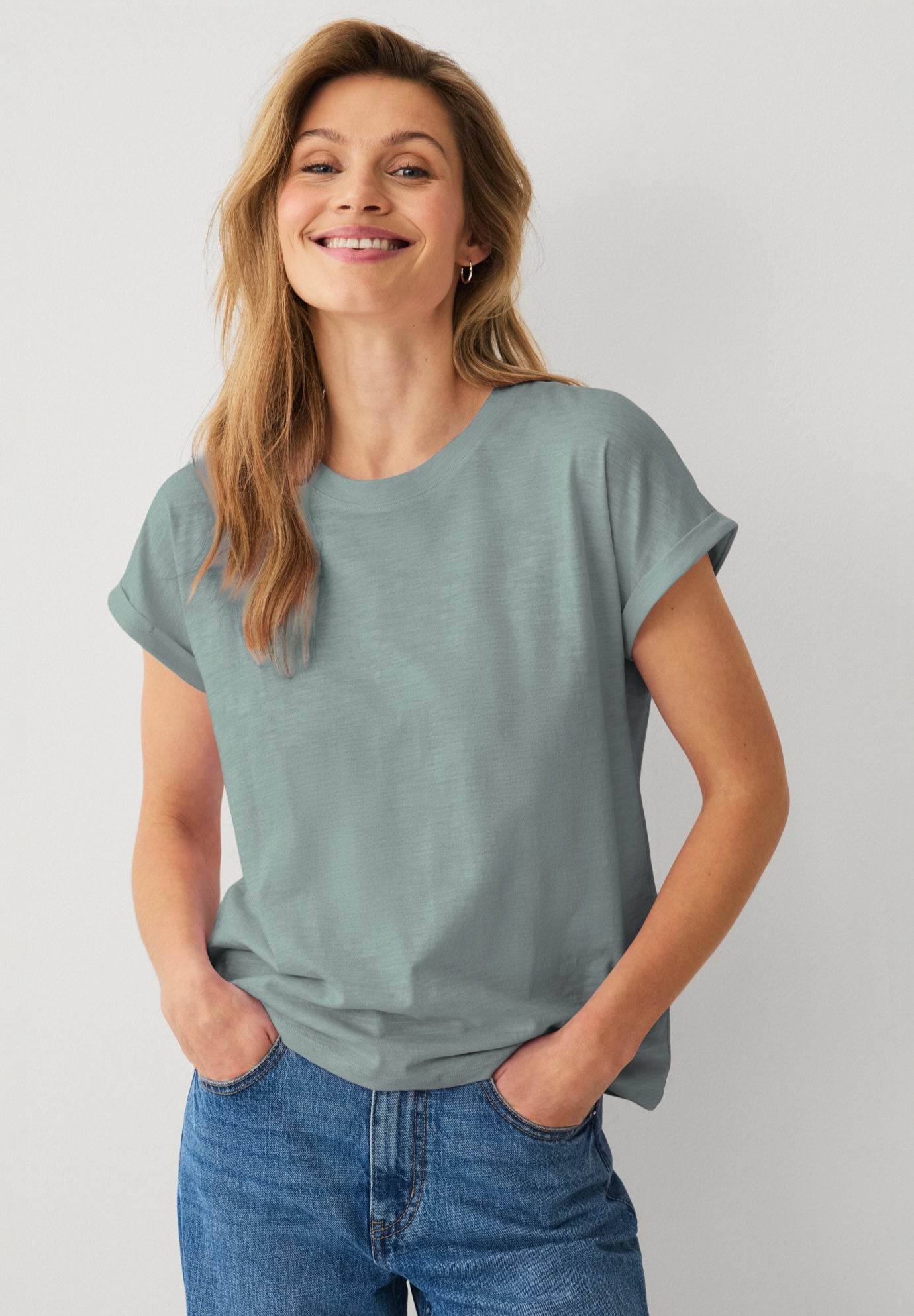 Cotton Jersey Slub Crew Neck Tee With Rolled Cuffs image number 0