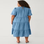 Lightweight Denim Short Sleeve Tiered Midi Dress image number null