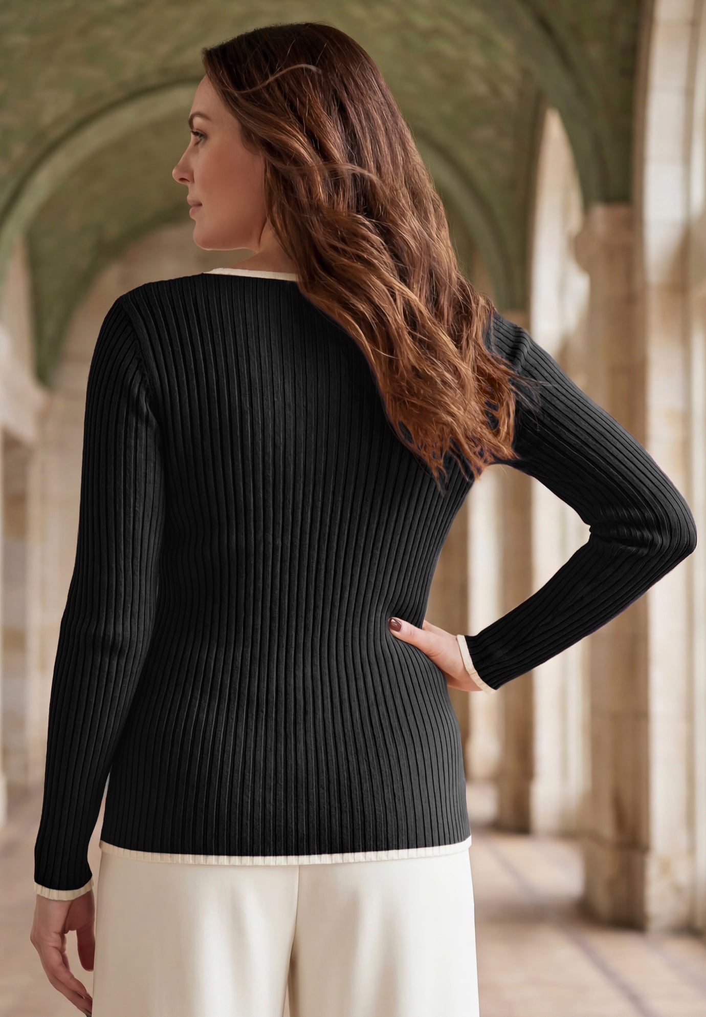 Ribbed Keyhole Pullover Sweater image number 1