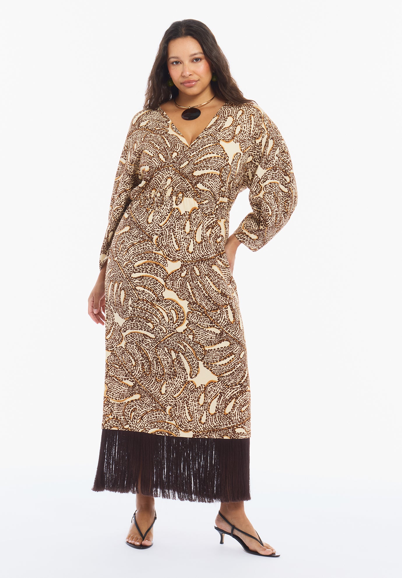 Fringe-Trim Surplice Maxi Dress image number 1