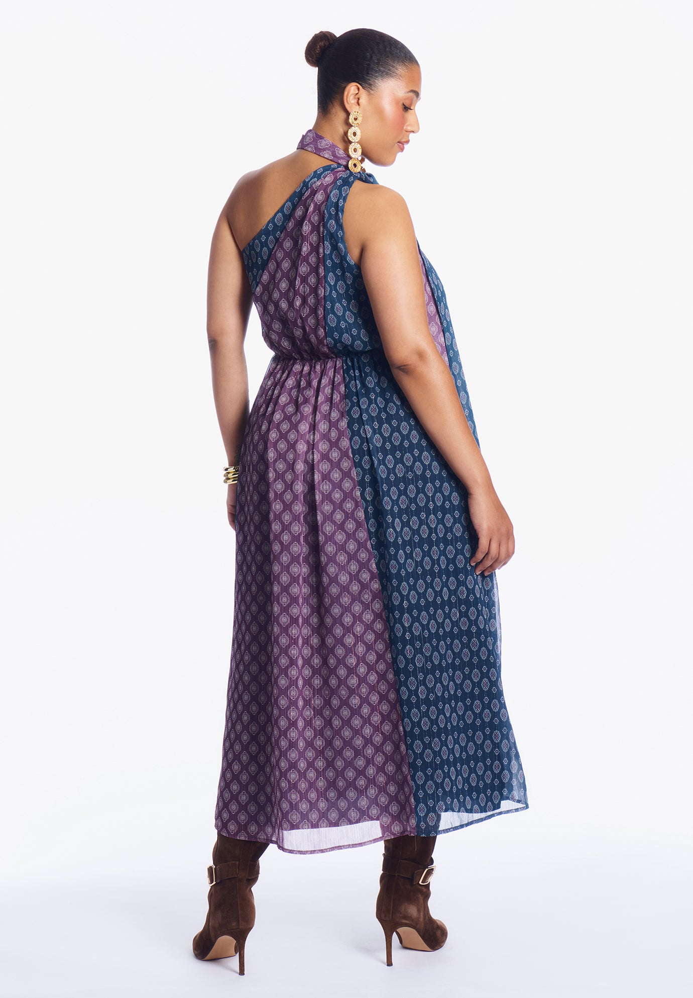 One-Shoulder Chiffon Maxi Dress With Neck Tie image number 2