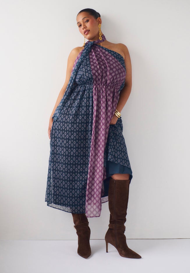 One-Shoulder Chiffon Maxi Dress With Neck Tie image number 4
