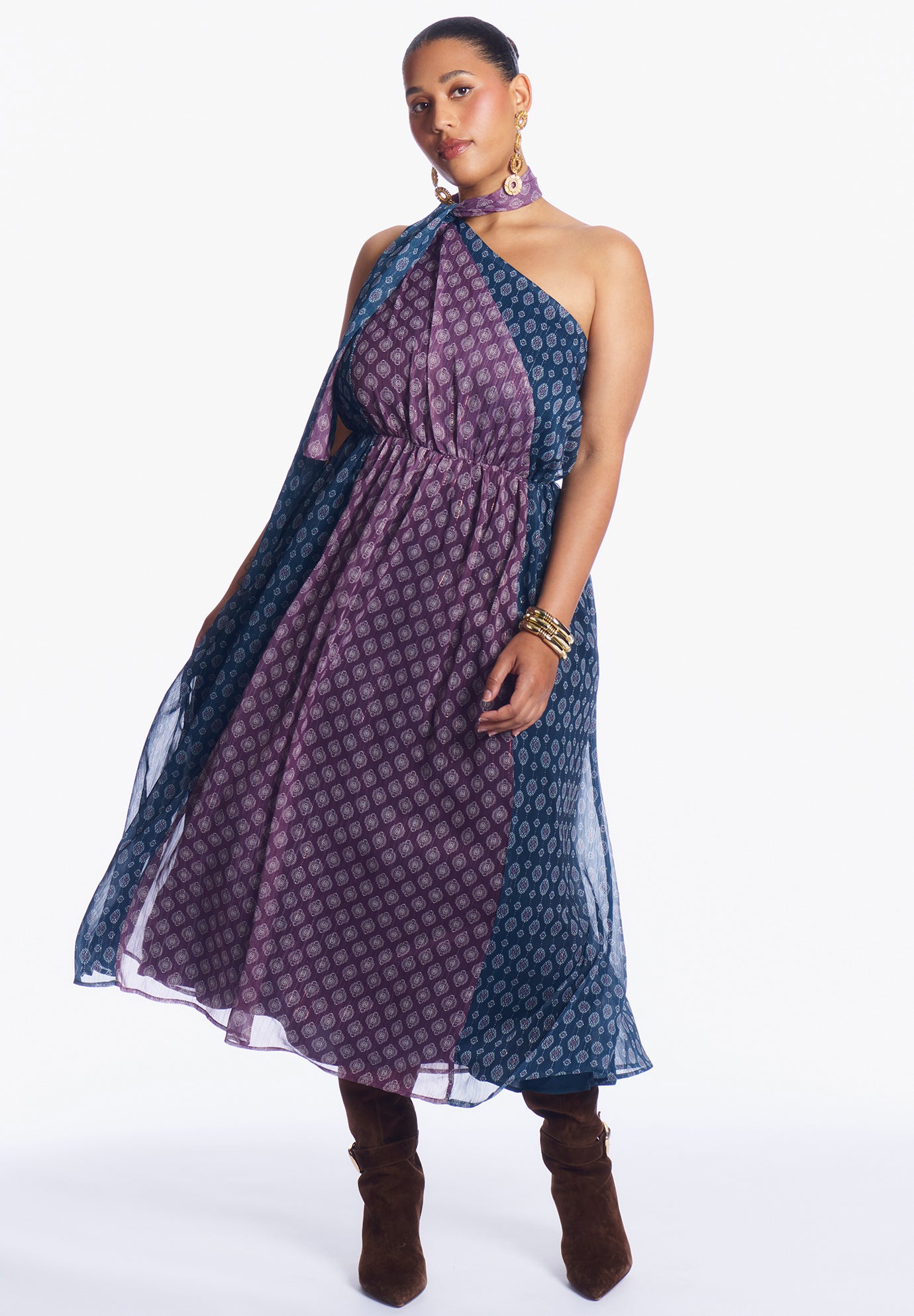One-Shoulder Chiffon Maxi Dress With Neck Tie image number 1