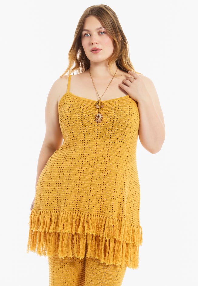 Fringe Trim Pointelle Knit Tunic image number 1