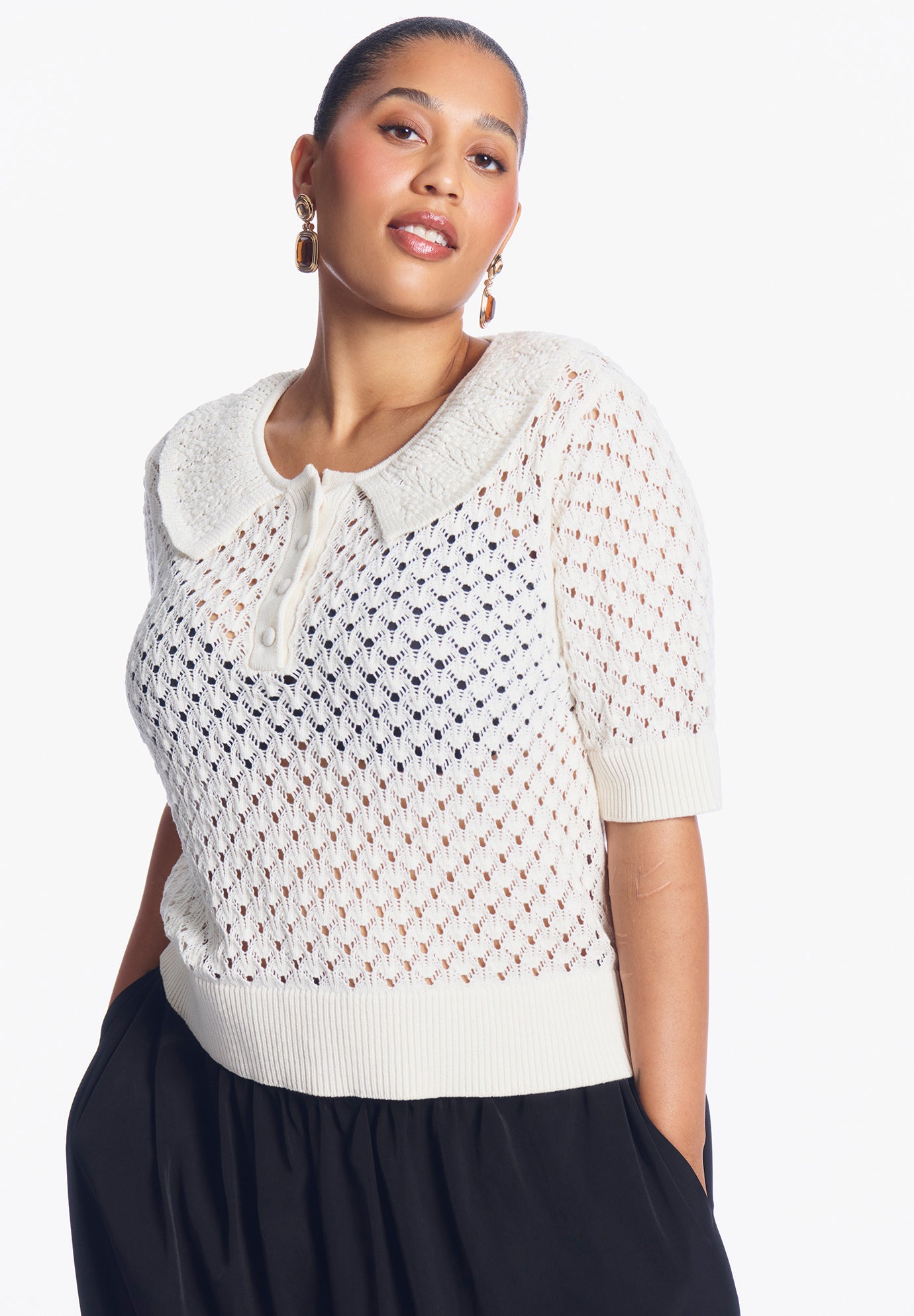 Lace-Trim Pointelle Sweater Top image number 2