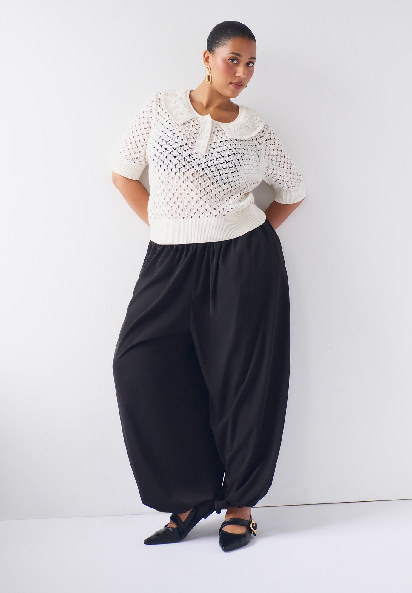 Lace-Trim Pointelle Sweater Top image number 4