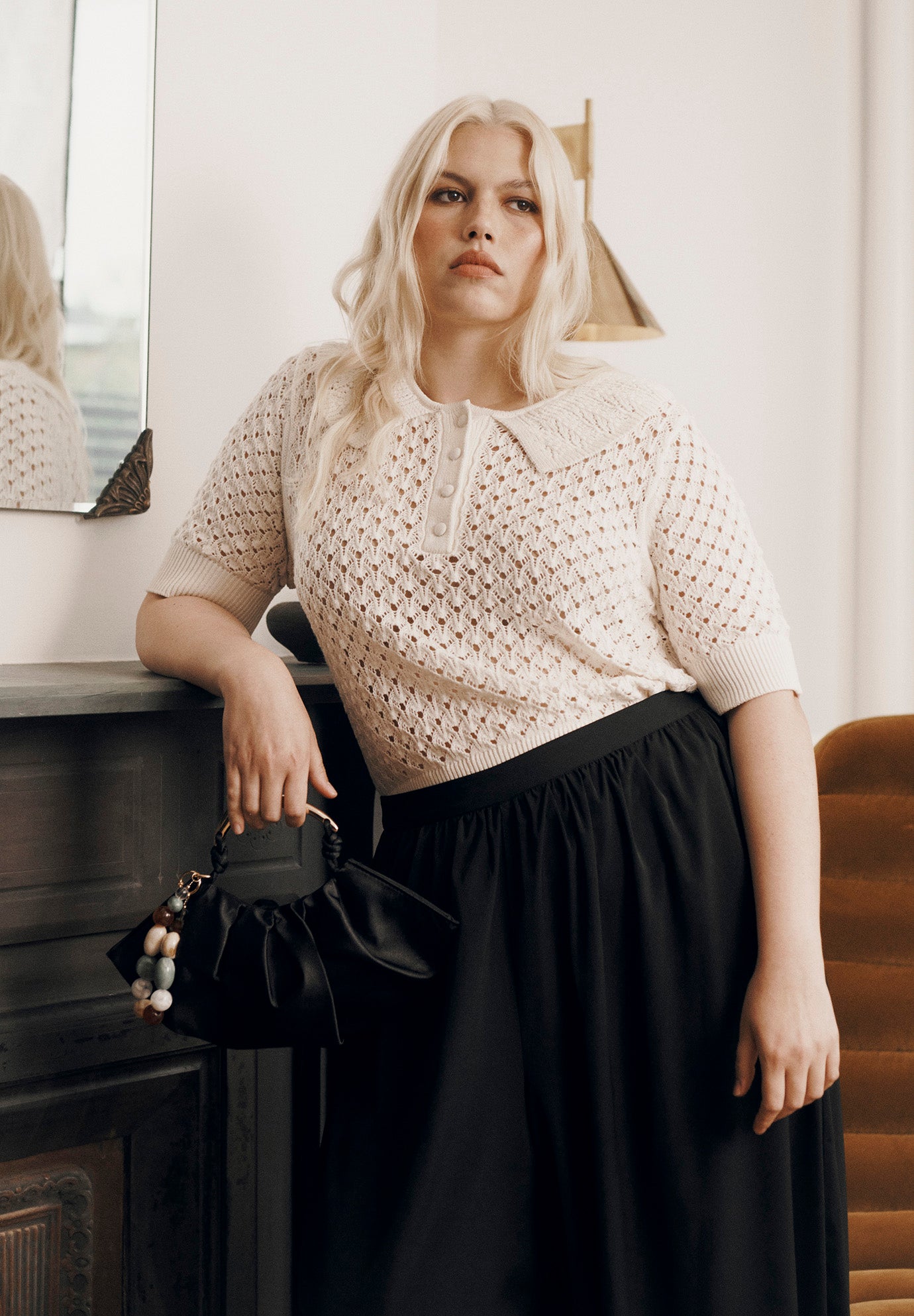 Lace-Trim Pointelle Sweater Top image number 0
