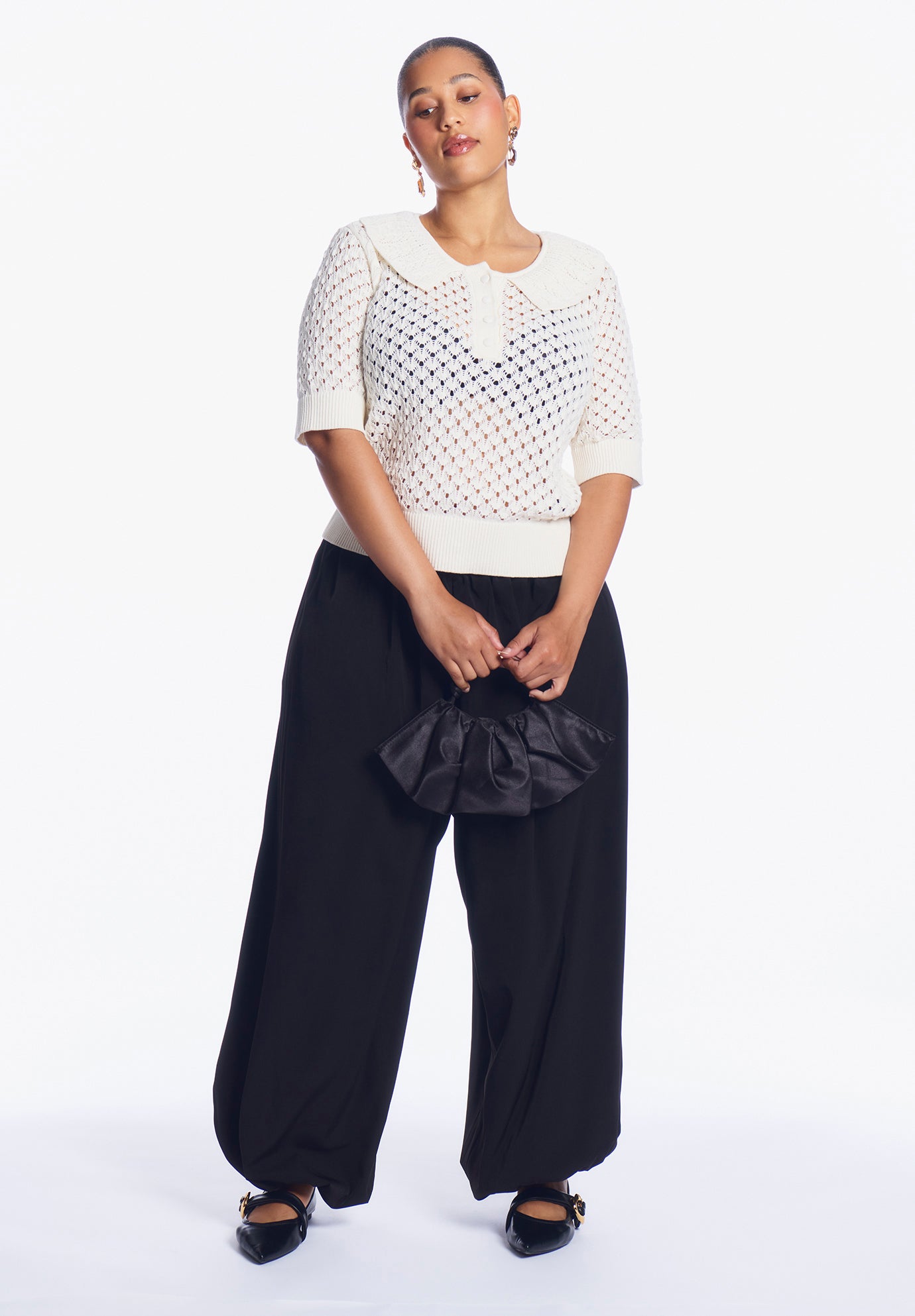 Lace-Trim Pointelle Sweater Top image number 1
