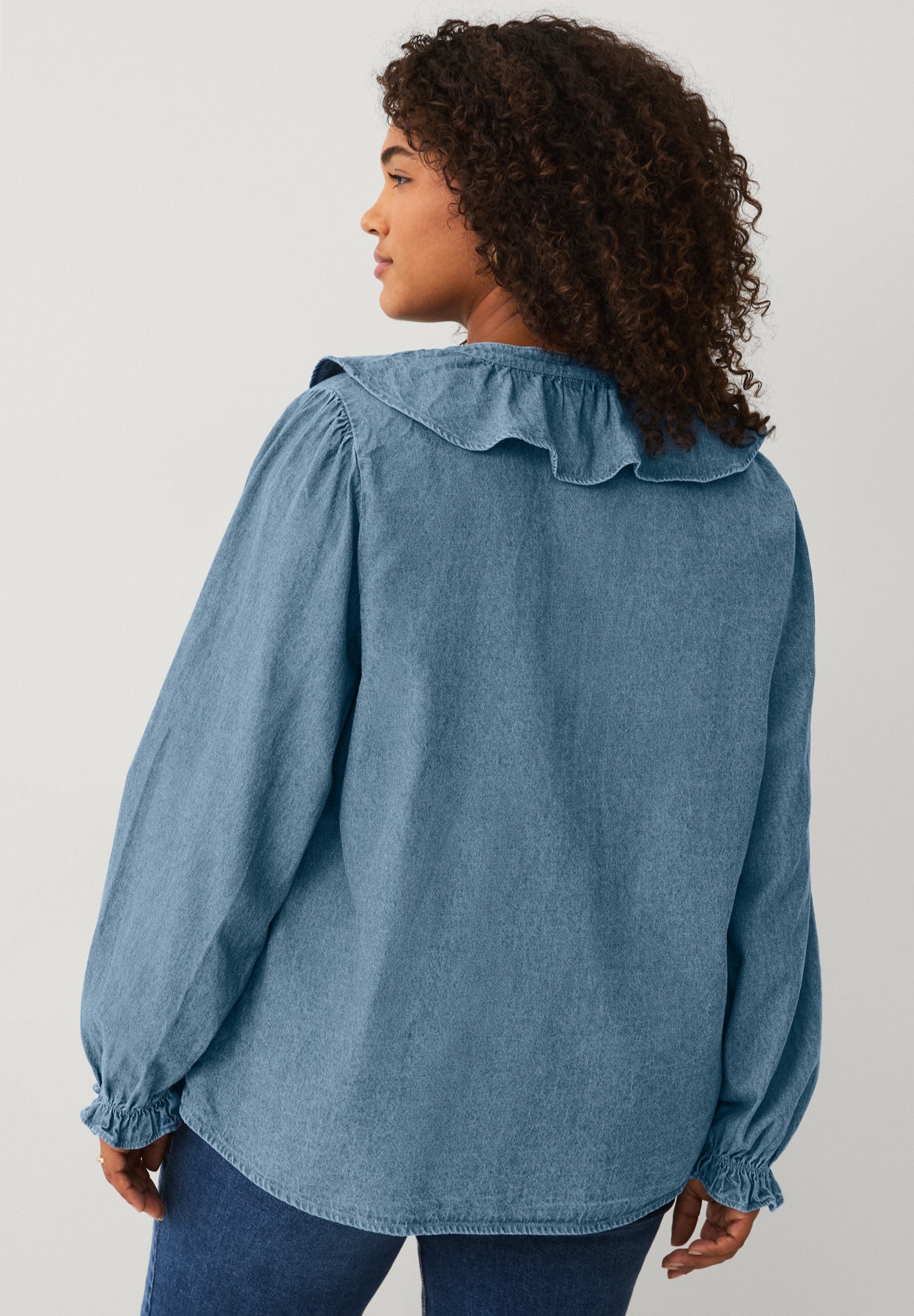 Button-Front Ruffle V-Neck Denim Shirt image number 1