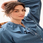 Button-Front Ruffle V-Neck Denim Shirt image number null