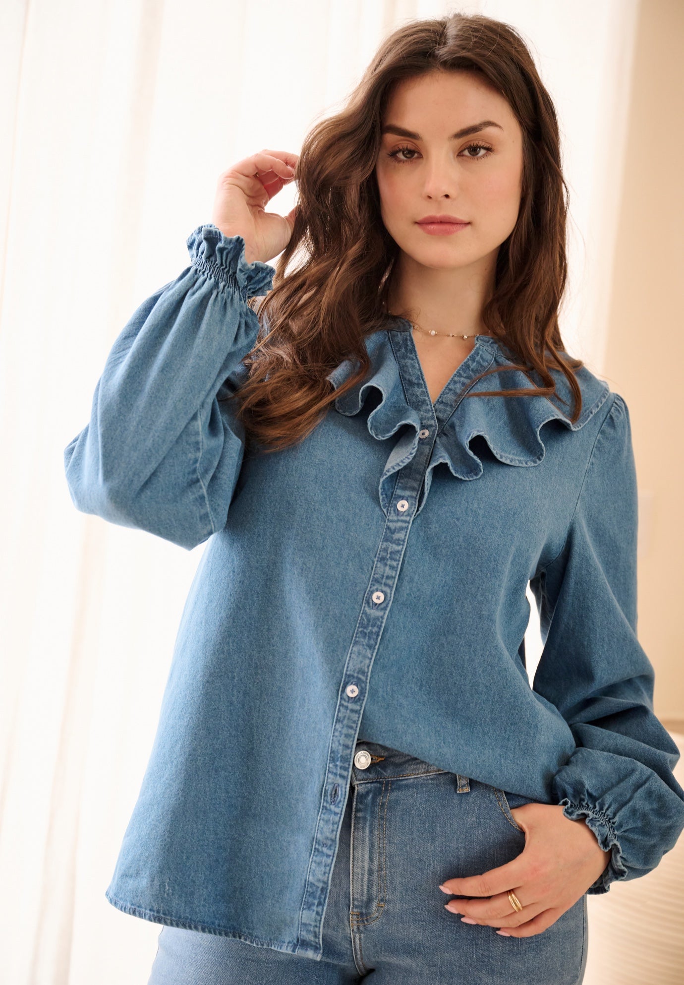 Button-Front Ruffle V-Neck Denim Shirt image number 0