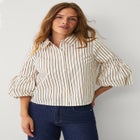 Button-Front Three-Quarter Puff Sleeve Shirt image number null