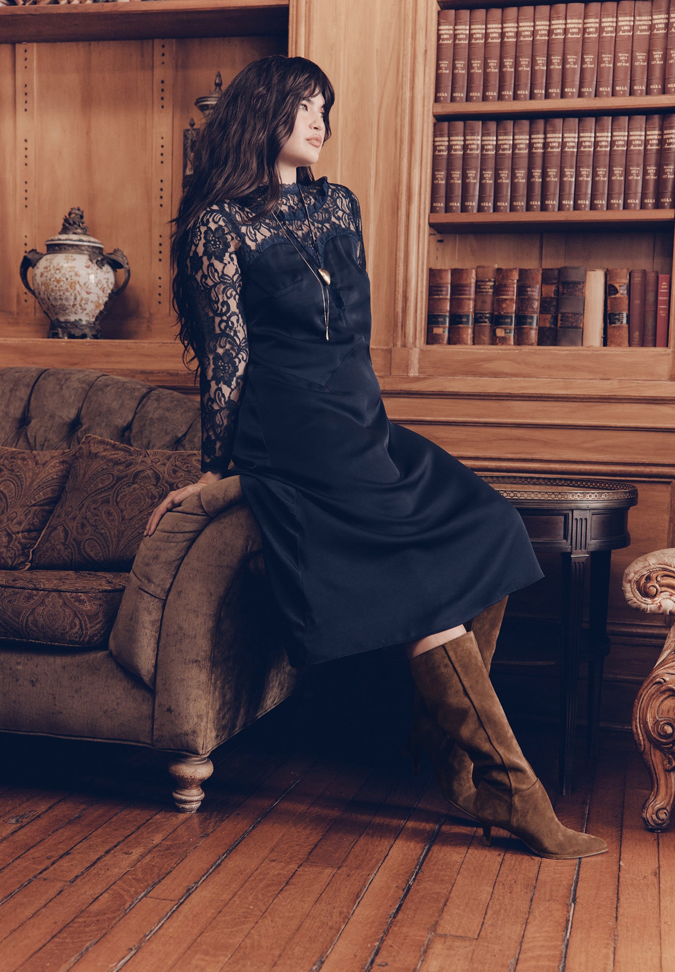 Lace Long Sleeve Satin Midi Dress image number 0