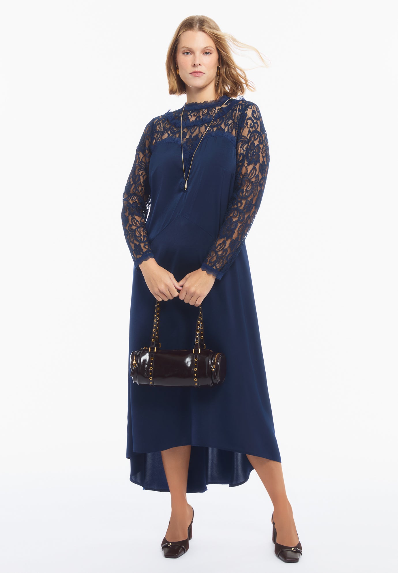 Lace Long Sleeve Satin Midi Dress image number 1