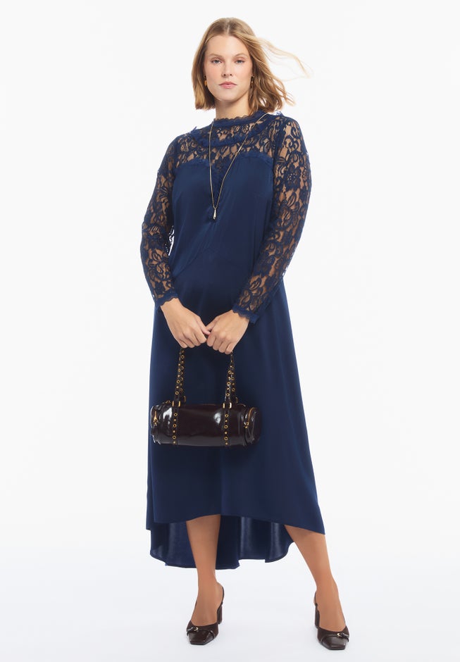 Lace Long Sleeve Satin Midi Dress image number 1