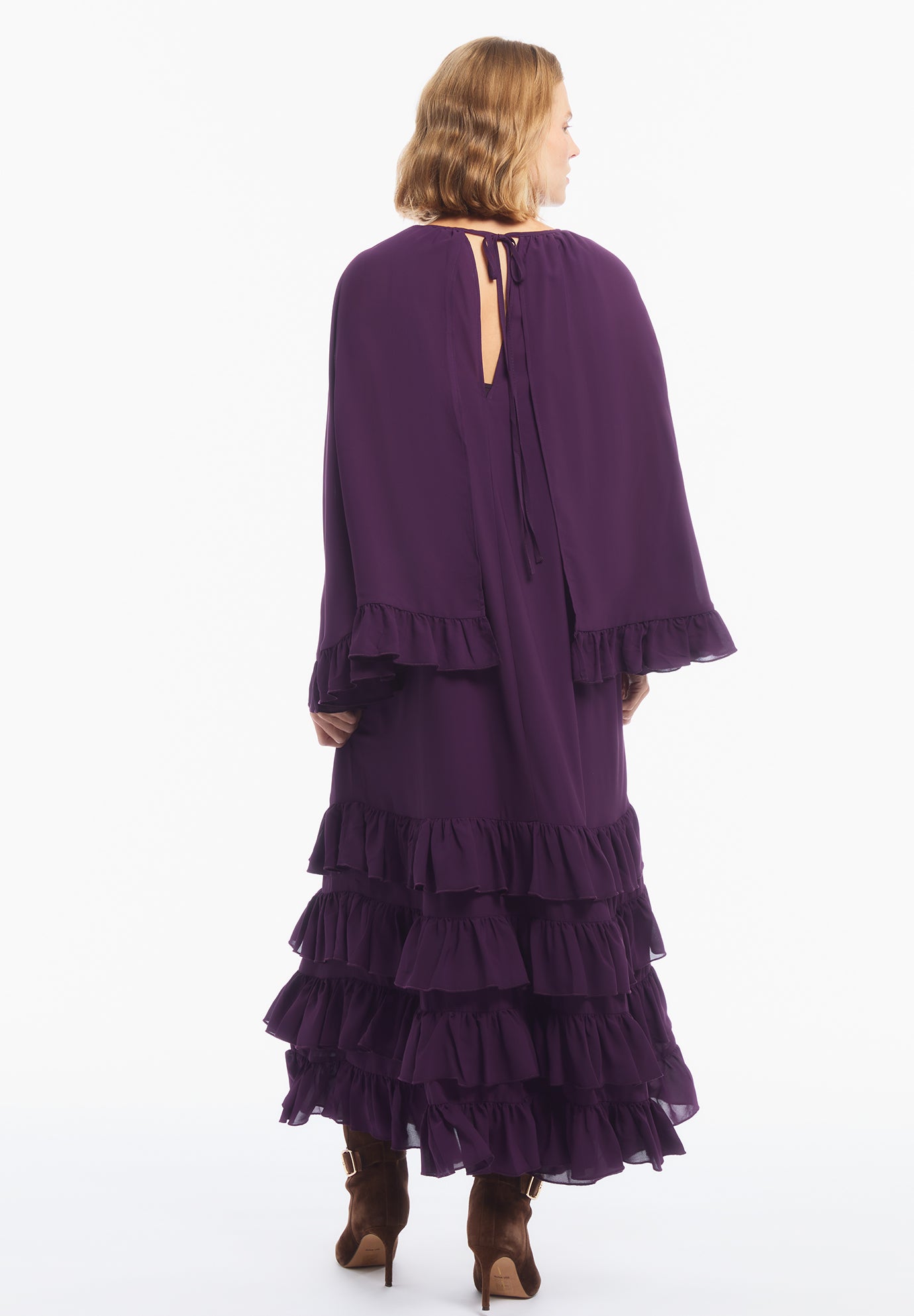 Ruffled Georgette Gown With Cape image number 2