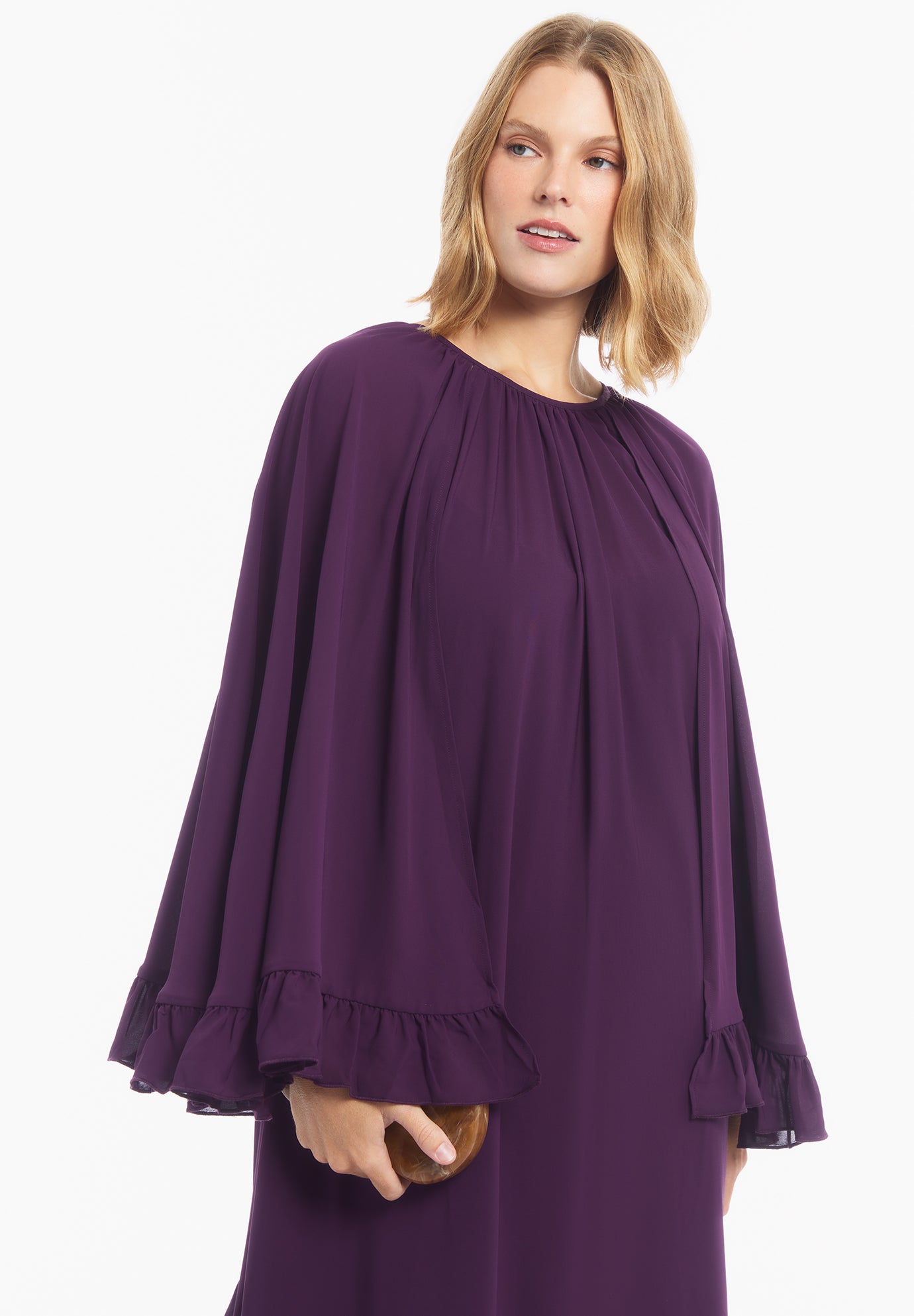 Ruffled Georgette Gown With Cape image number 4