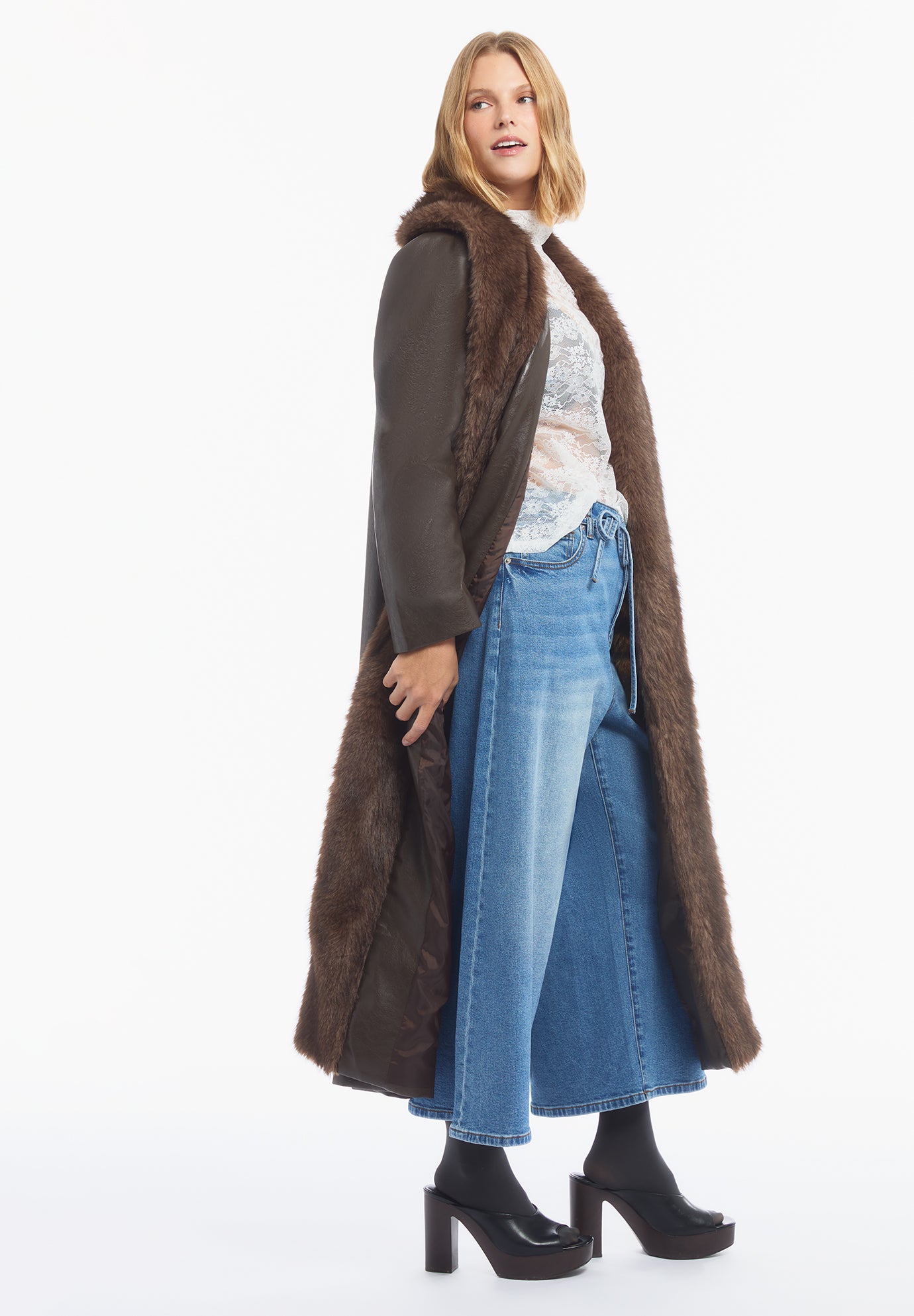 Faux Fur-Trim Faux Leather Coat image number 4